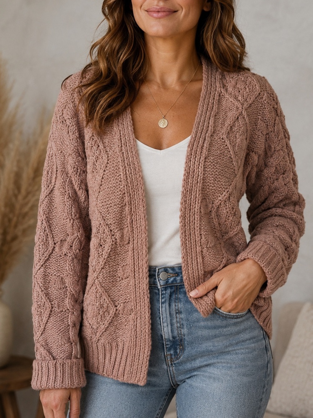 Open-Front Cable Knit Sweater Dusty Rose Cardigan